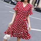 Short-sleeve Polka Dot Frill Trim A-line Dress