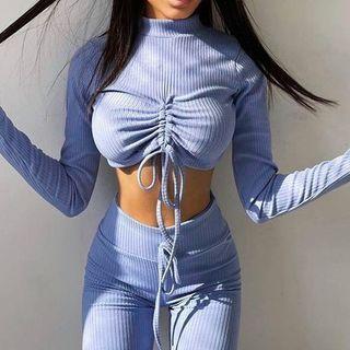 Set: Plain Stand Collar Ribbed Long Sleeve Cropped Top + Plain Ribbed High-waist Skinny Pants