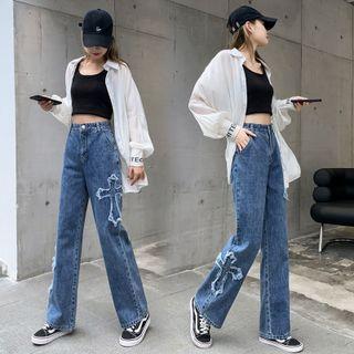 Cross Applique Wide Leg Jeans
