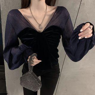 Mesh Panel V-neck Top As Figure - One Size