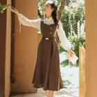 Set: Button-detail Midi A-line Overall Dress + Mock-neck Blouse