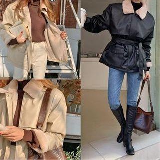Faux-fur Trim Boxy Pleather Jacket