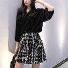 Velvet Loose-fit Short-sleeve Top / Tweed High-waist Skirt