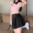 Puff-sleeve Zip-up Blouse / Buckled A-line Skirt