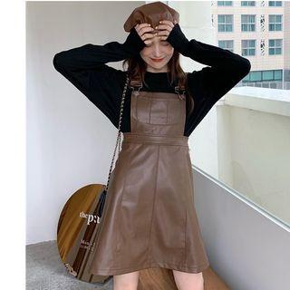 Long-sleeve Knit Top / Faux Leather Midi Jumper Dress