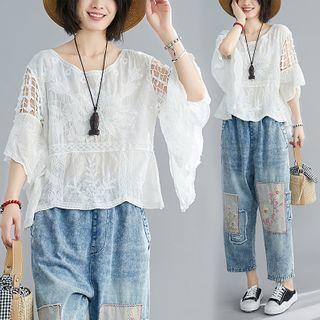 Elbow-sleeve Embroidered Lace Top White - One Size
