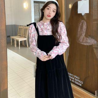Mock-neck Floral Blouse / Midi A-line Overall Dress