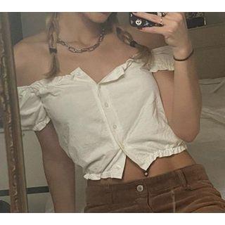 Off-shoulder Frill Trim Button-up Crop Top