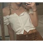 Off-shoulder Frill Trim Button-up Crop Top
