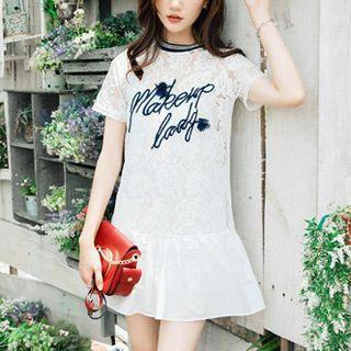 Set: Letter Embroidered Short Sleeve Lace Dress + Slipdress