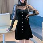 Dotted Long-sleeve Mesh Top / Mini A-line Velvet Pinafore Dress