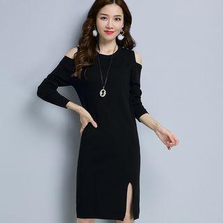 Cutout Shoulder Long-sleeve Midi Knit Dress