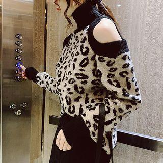 Animal Print Cold Shoulder Turtleneck Sweater
