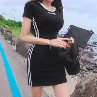Striped Lettering Short-sleeve Mini A-line Dress