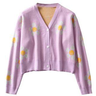 Long-sleeve Floral Print Buttoned Knit Top