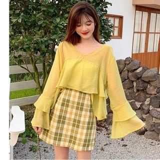 Long-sleeve Chiffon Top / A-line Mini Skirt
