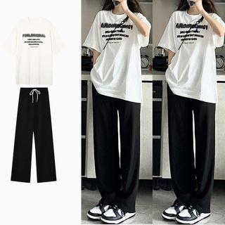 Elbow-sleeve Lettering T-shirt / Wide Leg Pants / Set