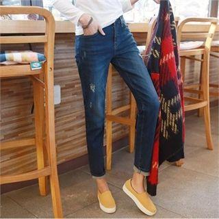 Distressed Brushed-fleece Lined Tapered Jeans