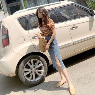 Balloon-sleeve Plaid Blouse / Midi A-line Denim Skirt