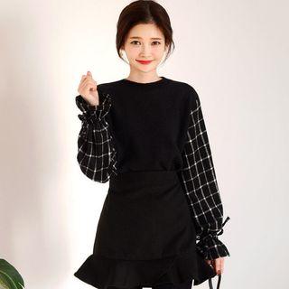 Checked Puff-sleeve Fleece Top