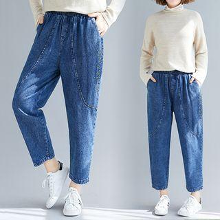 Denim Embroidered Cropped Pants