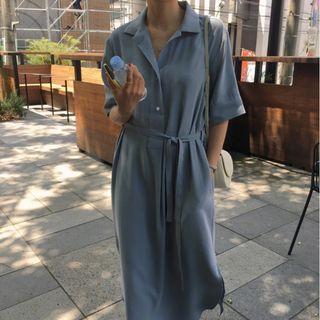 Short-sleeve Henley Midi Shirt Dress Blue - One Size