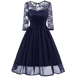 3/4-sleeve Lace Paneled A-line Midi Chiffon Dress