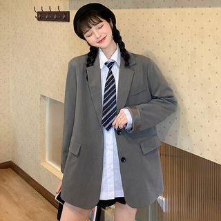 Long-sleeve Plain Shirt / Pleated Mini A-line Skirt