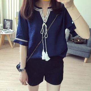 Short-sleeve Tie Neck Chiffon Top