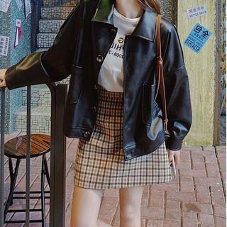Single-breasted Oversize Cropped Faux Leather Jacket