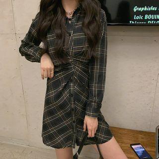 Plain Long-sleeve Mini Collared Dress