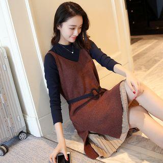 Set: Two-tone Long-sleeve Dress + Long Sweater Vest