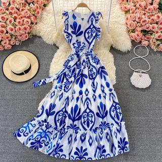 Ruffled Sleeveless Print Maxi Dress With Sash