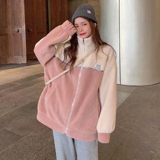 Color Block Stand Collar Fleece Zip Jacket