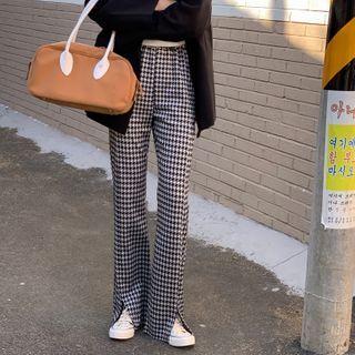 Houndstooth Slit Straight-leg Pants Gingham - Black & White - One Size