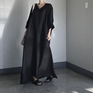 Elbow-sleeve V-neck Loose-fit Maxi Dress Black - One Size