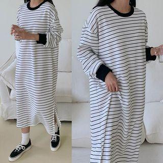Contrast-trim Stripe Long T-shirt Dress
