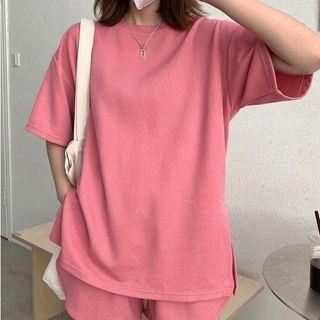 Set: Short-sleeve Plain T-shirt + High-waist Plain Shorts