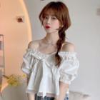 Off-shoulder Lace Trim Bow-front Cropped Blouse White - One Size