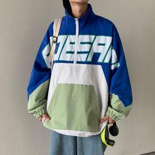 Half-zip Letter Print Color Block Top