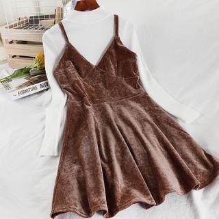 Set: Long-sleeve Knit Top + Spaghetti Strap Mini A-line Velvet Dress