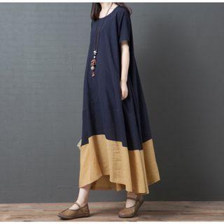 Elbow-sleeve Two-tone Maxi Dress