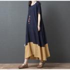 Elbow-sleeve Two-tone Maxi Dress