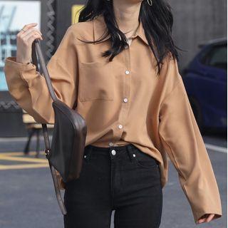 Front Pocket Long-sleeve Button-down Shirt Light Camel - One Size