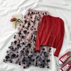 Cardigan / Floral Mesh Midi A-line Skirt