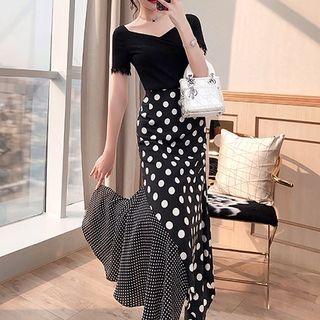 Set: Short-sleeve Top + Pattern Midi Skirt