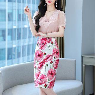 Set: Short-sleeve Ruffle Blouse + Floral Pencil Skirt