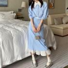 Short-sleeve Pinstriped Shirt / High-waist A-line Slit Midi Skirt