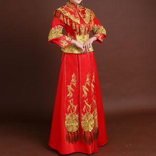 Embroidered Chinese Traditional Wedding Gown Red - S