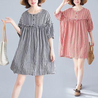 Plaid Panel Lantern-sleeve Dress